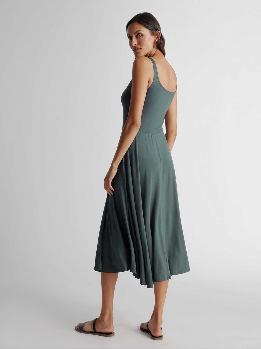 Quince Tencel Jersey Fit & Flare Dark Olive Green Sleeveless Cami Midi Dress M - Picture 2 of 14